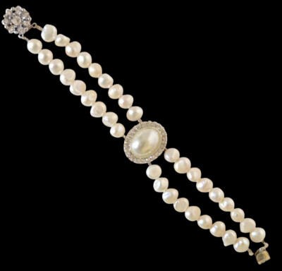 Echte weiße Barock Perlen Armband Doppelstrang Kristalle silberfarben 6,5 Zoll