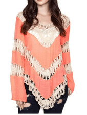 Umgee Boho Stretch Knit Tunic with Lacy Crochet Trim Mango size S