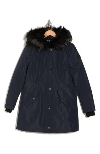 Women’s Tahari $350 Gracie Faux Fur Trim Hooded Navy Parka Size Medium NWT - Picture 4 of 4