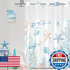 TWLSNCD No Hook Shower Curtain with Snap in Liner, Beach Ocean Nautical Coastal