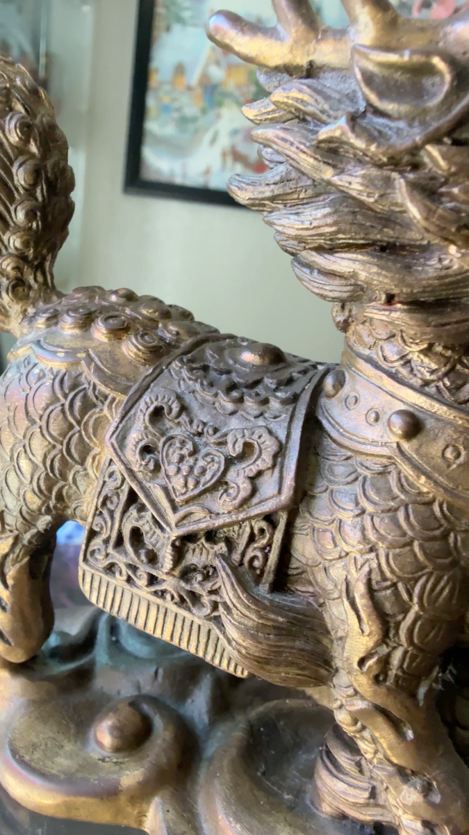 RARE HEAVY Solid Brass Bronze Qilin Kilin Kirin figurine w Baby