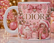 Dior Pink & White Ceramic Christmas Coffee Mug, Novelty Print, Hot Drinks