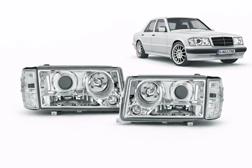 Set Headlights TFL for Mercedes 190E W201 1983-1993 VP515 Clear Glass Chrome LHD