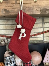 Target Wondershop Red White Monogram Initial P Knit Christmas Stocking POM POMS