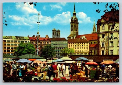 Viktualienmarkt Munich Germany Postcard w/ Town Steeples Western Germany