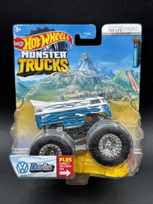 a 2020 Hot Wheeks Monster Trucks DRAG BUS FLAMES white blue crushable car