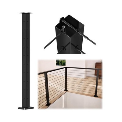 Muzata Black Corner Cable Railing Post 36 Inch 36''x2''x2'' T-drilled One-Post C...