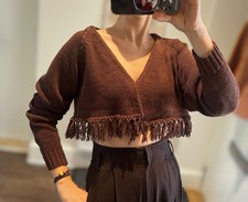 Boho Brown Fringe Knit Cardigan Size S Cropped V Neck Tassel Hem Designer New