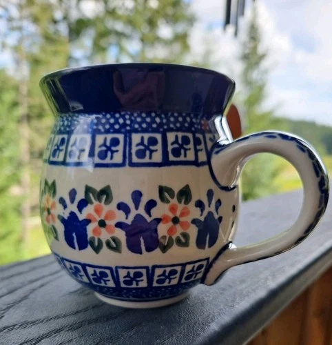 Polish Pottery Bubble Mug 10oz Blue w/ Flowers Handpainted ☆Excellent Condition 