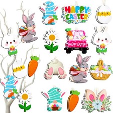 24 Pieces Easter Wooden Tree Ornaments Double Sided Easter Wooden Ornaments H...