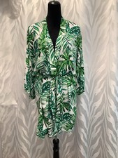 Women s Tropical Green/White Palm Print Kimono Coverup M