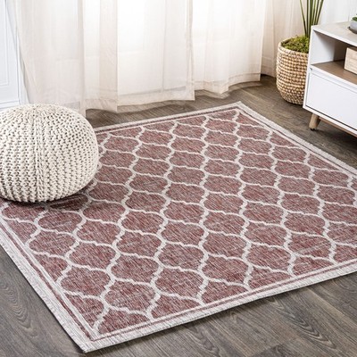 Red Beige Indoor Outdoor Rug 7x7 Square Stain Resistant Pet Friendly High Tra...
