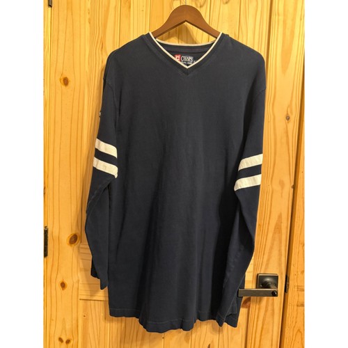 Chaps Ralph Lauren Mens XL Navy Blue Ribbed V-Neck Long Sleeve Stripe Sweater