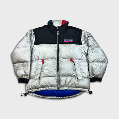 Vintage Tommy Hilfiger Jacket Men Medium Silver Athletic 3M Puffer  