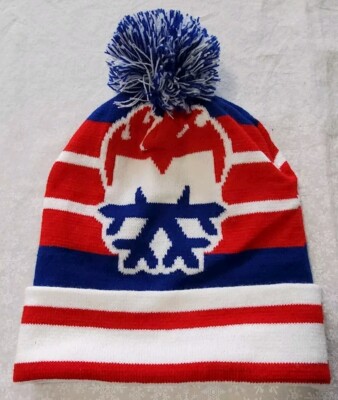 Vintage Retro Logo Hat Knit Beanie Cap w/ Fuzzy Ball Red White Blue Snowflake