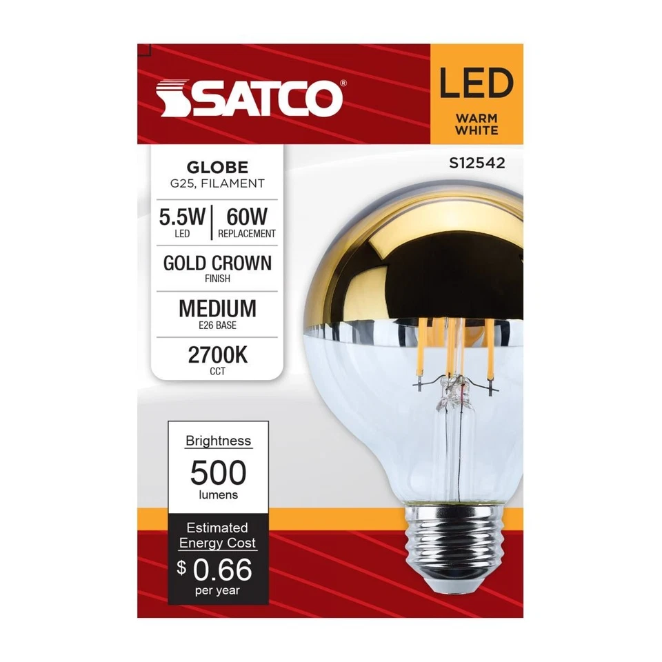 Satco S12542 - 5.5 Watt LED G25 Bulb - Gold Crown - 2700K (2, 6, OR 12 Pack) - Image 2 of 4