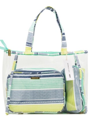 Sofia Joy 3pc PVC ''Stripe Duffle'' Travel Bag Set With Easy Stretch Hair Elastics
