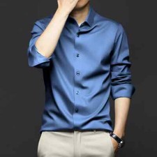 Men's Shirt Social Long Sleeve Solid Slim Fit Casual Formal Business Silk Shirts