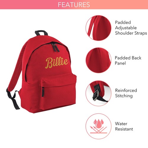 Personalised School Backpack in Red with Custom Name for Children Back to School - Picture 4 of 6
