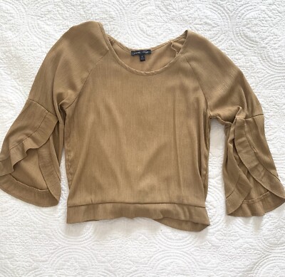 Moa Moa Sz M Camel Brown Crop Top Quarter Length 3/4 Bell Sleeve Knotted Waist