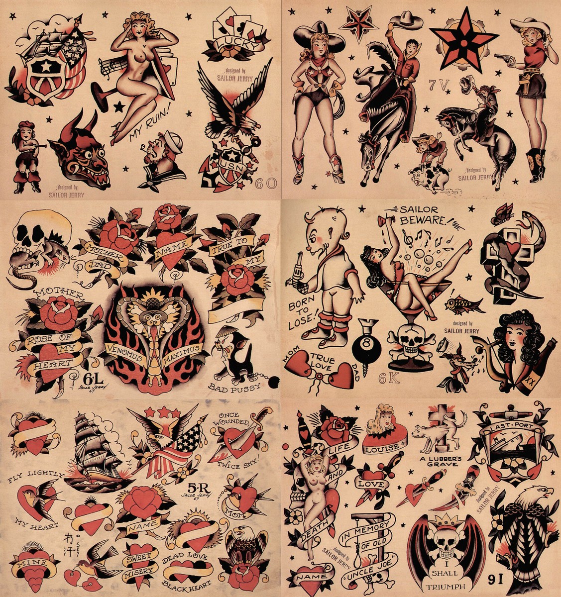 タトゥーフラッシュ Sailor Jerry Traditional Vintage Style Tattoo Flash 6 Sheets 11x14