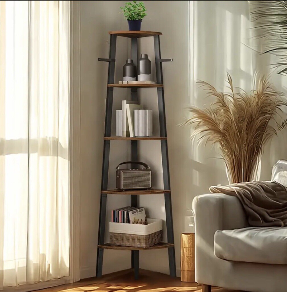 5-Tier Corner Shelf Stand - Rustic Wood & Black Metal Frame.