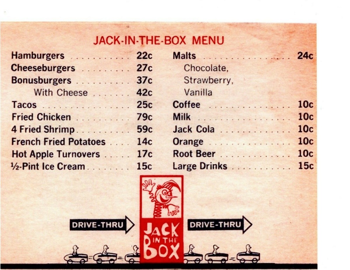 EARLY JACK IN THE BOX MENU 8X10 GLOSSY REPRINT HAMBURGERS VINTAGE