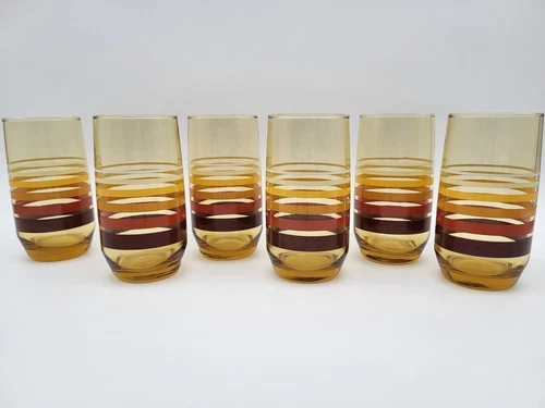 Anchor Hocking Amber Stripe Water/Juice Tumblers 5" Vintage Groovy 70's 6pc/Set