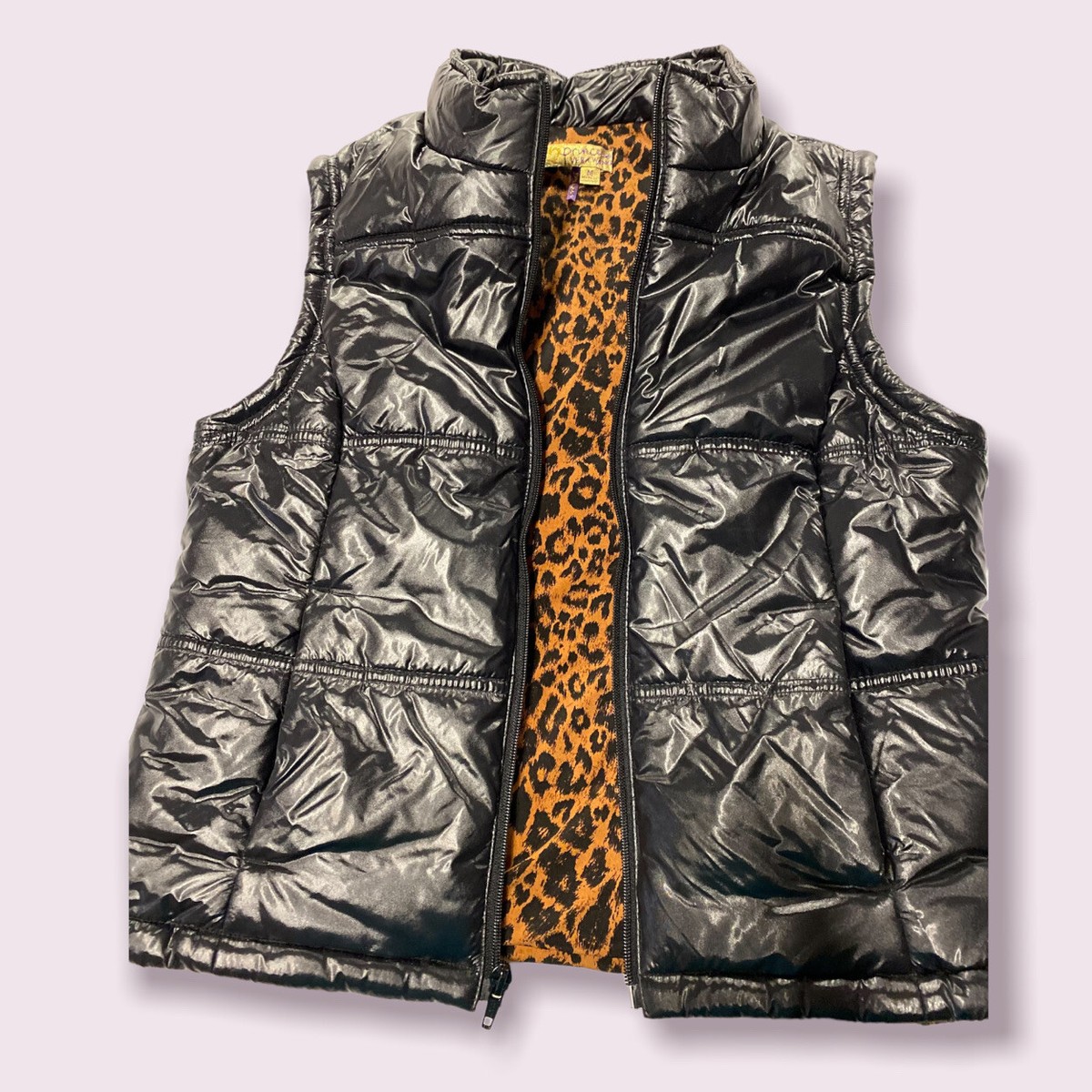 Vera Wang Vest Puff Y2K Puffer Ladies Med Slicker Princess Black Zip Cheetah