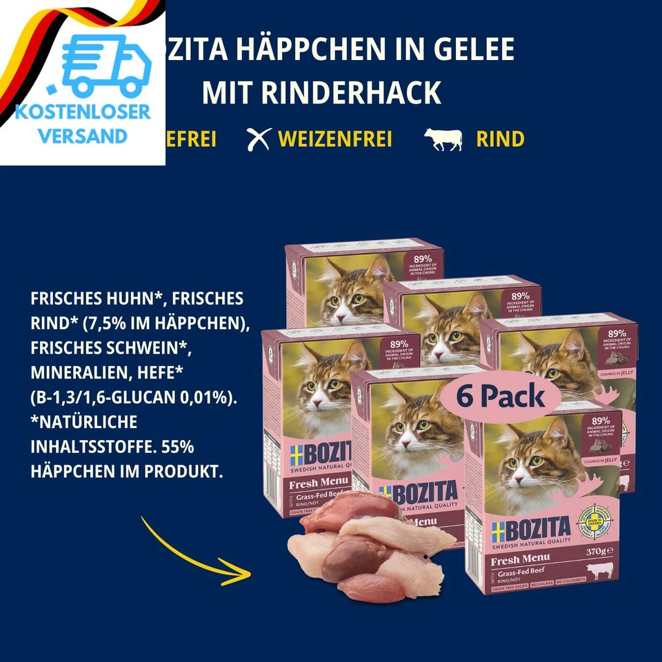 Bozita Nassfutter-Häppchen Für Katzen in Gelee Mit Rinderhack - 6Er Pack 370G Sc - Bild 3 von 4