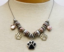 Dog Paw Print Charm Necklace Earrings Set Bronze Silver-tone