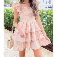 NWT Express M Coquette Cottage Pink Cream Feminine Floral Ruffle Mini Dress