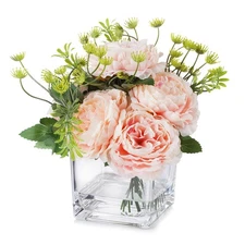 ENOVA HOME Mixed Silk Peony Flower in Cube Glass Vase with Faux Water (pink)