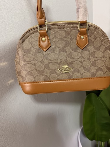 Coach Logo Pattern Dome Satchel Top Handle Zip Bag Tan Brown Gold Hardware