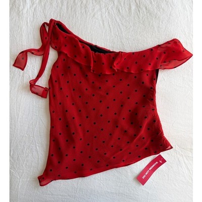 NWT Realisation Par Samantha Silk Ruffle Polka Dot Off Shoulder Top Berry Red