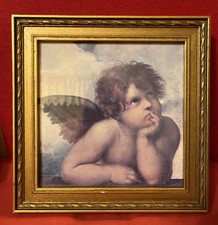 VTG. Art Print Angel Cherub Of Sistine Chapel Painting By Raphael Framed 7”x7”