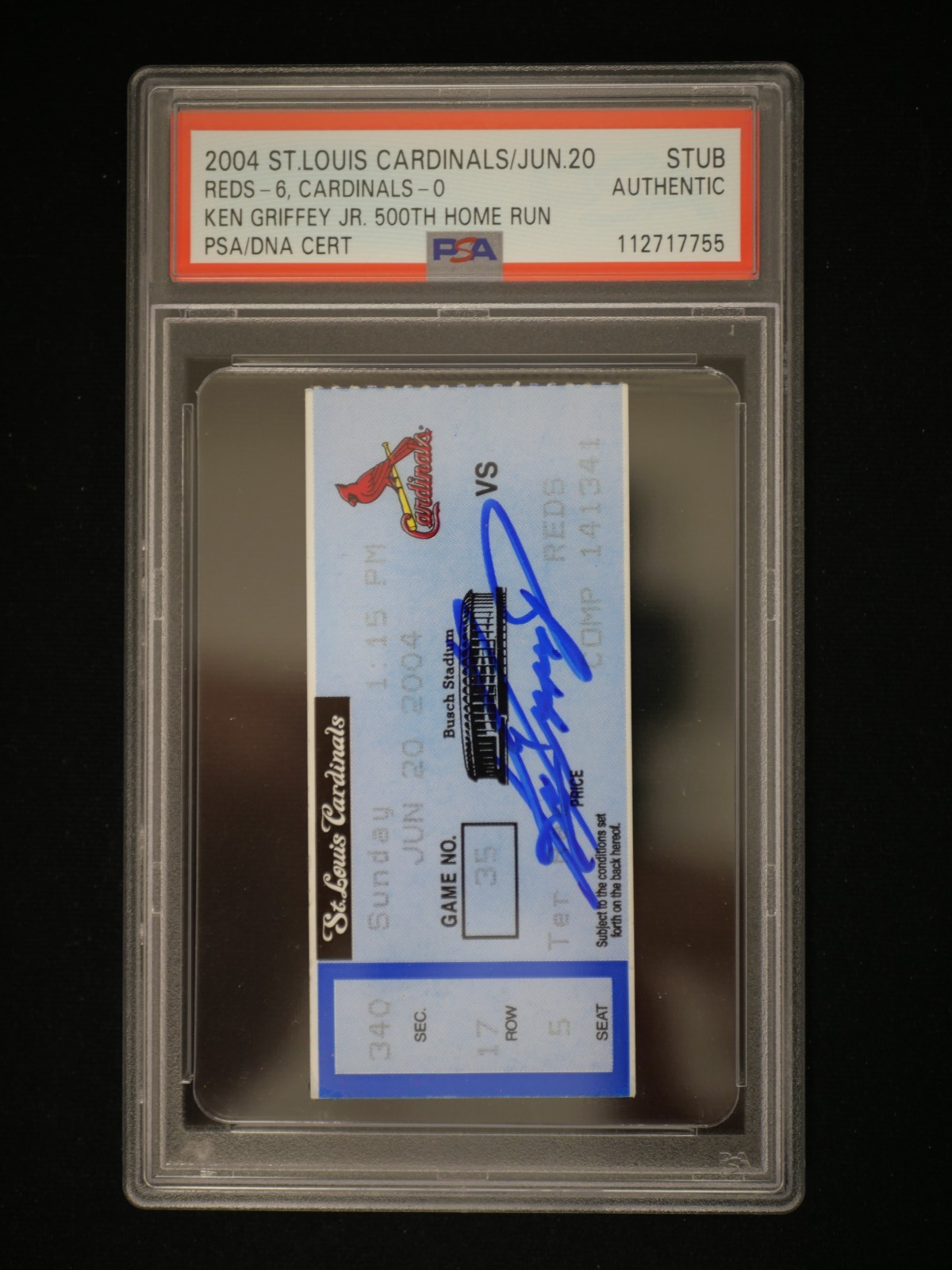 Ken Griffey Jr. Autographed Signed Cincinnati Reds KEN GRIFFEY JR TICKET STUB FROM 500TH HOME RUN GAME JUNE 20 2004 PSA COA 