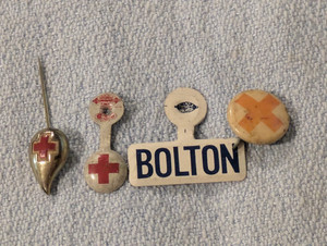 VINTAGE ASSORTMENT METAL CLIPS BUTTONS PINS PINBACKS RED CROSS BOLTON