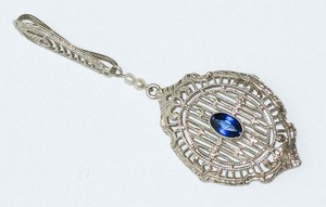 Edwardian 14K White Gold~Blue Sapphire~Pearls~ Peacock Feather~ Lavalier Pendant