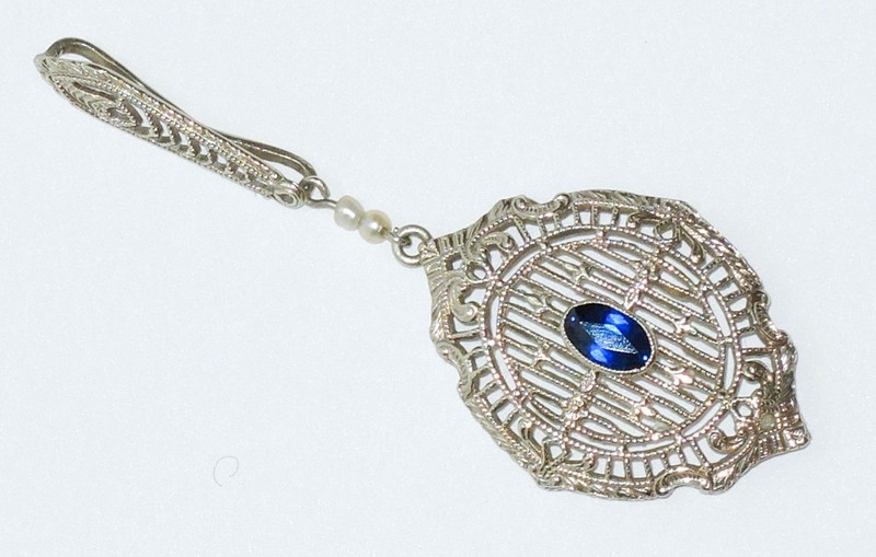 Edwardian 14K White Gold~Blue Sapphire~Pearls~ Peacock Feather~ Lavalier Pendant