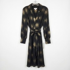 Calvin Klein Women US 4 Black Gold Metallic Wrap Midi Dress V-Neck Long Sleeve
