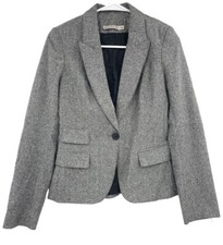 Kookai Women's Tweed Blazer Gray Wool Blend Elbow Herringbone Patches Size Eu 34