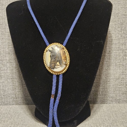 Vintage Two Horses Bolo Tie Stone Blue Gold Tone - Picture 2 of 12