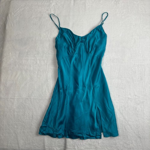 VTG Victoria's Secret Teal Silk Adjustable Strap Slit Sleep Dress Womens Small