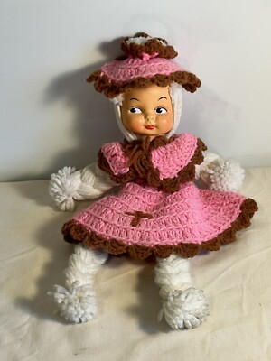 Vintage Crocheted Doll Girl Plastic Face pink dress bonnet 13'' Handmade  h2