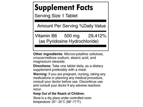 60 TABLETS VITAMIN B 6 500MG Maintains healthy HEART & NERVE function PYRIDOXINE - Picture 3 of 4