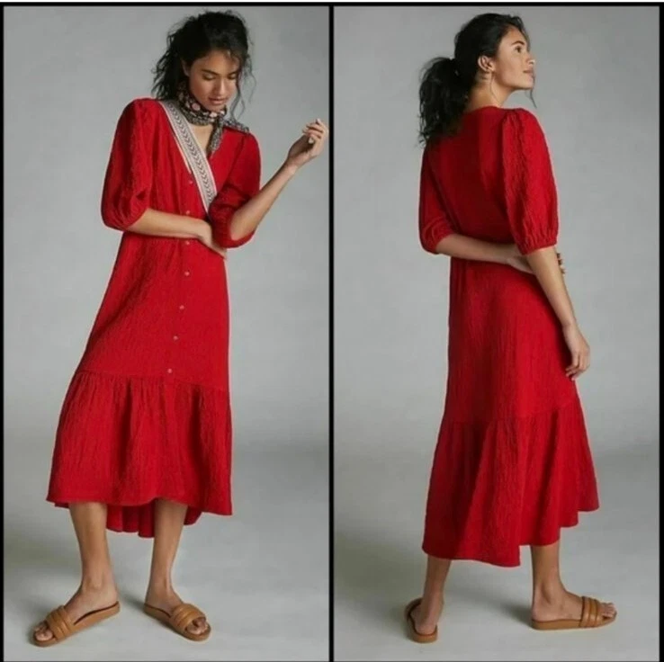 Vestido Midi Maeve Anthropologie Scarletta Vermelho Seersucker Boho Abotoado XXSP Pequeno - Imagem 3 de 4