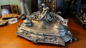 Victorian Metal Inkstand with Two Inkwells