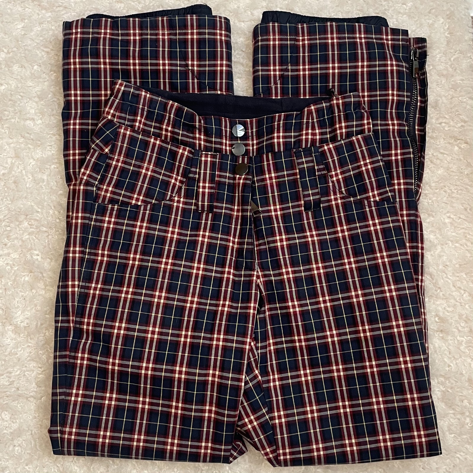 Authier Women’s 38 Unique Burgundy and Navy Plaid Snow Ski Pants Made