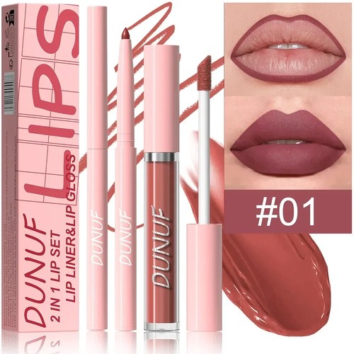 New 2 IN 1 Lip Liner Lip Gloss Set Women Matte Nude Lipliner Lipgloss Pen Pencil - Picture 11 of 22